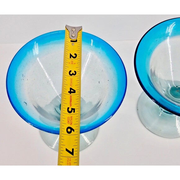Aqua Rim Thick Hand Blown Margarita Martini Glasses Set of 2 Mint Condition 7" - Picture 6 of 8